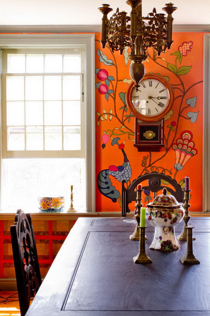 Eclectic Dining Room with Flower Wall Mural