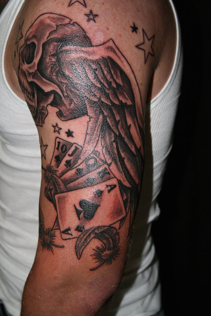 Grey Ink Winged Skull Half Sleeve Tattoo For Men