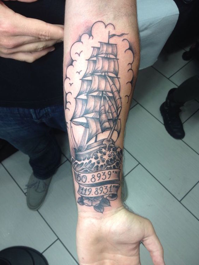 Kyle Hoffarth Tattoo ship black and grey