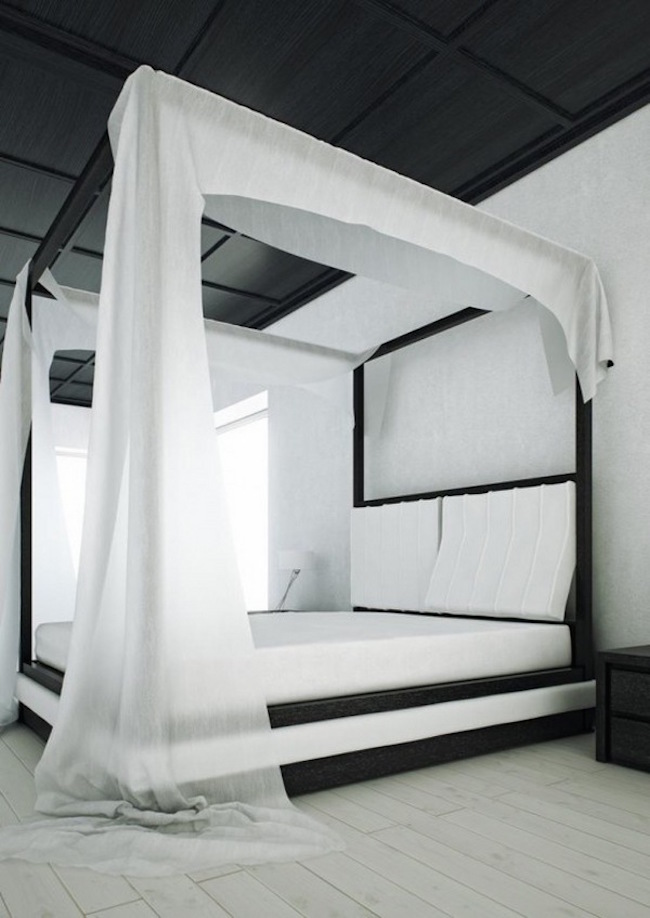 Modern black and white canopy bed bedroom design ideas