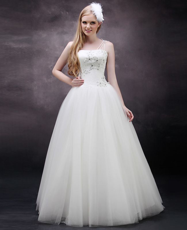 One Shoulder Tulle Ball Gown Natural Waist Sleeveless Unique Wedding Dress