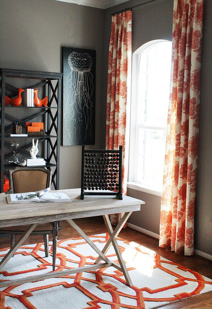Rustic home office with pops of orange