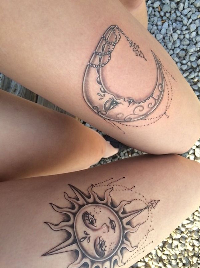 Sun and moon thigh tattoo