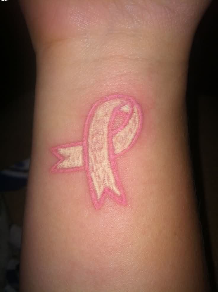 White Breast Cancer Ribbon Tattoo With Pink Outline