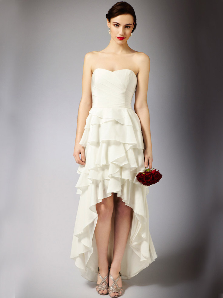maxi high low wedding dress with strapless bodice and modern multi layered skirt