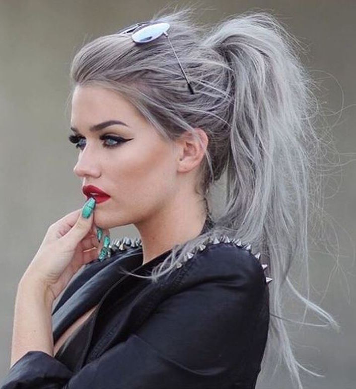 Grey hair color and messy ponytails