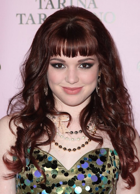 Jennifer Stone Long Red Curly Hairstyle with Blunt Bangs