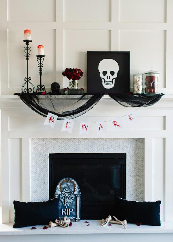 One Halloween Mantel Decorated