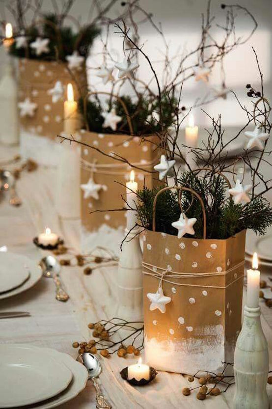 christmas decoration with little stars and simple brown bags