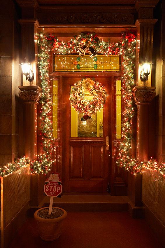 Christmas decorations around front door