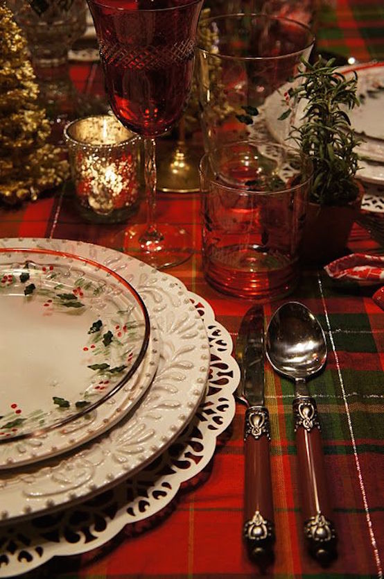 christmas dishes a tartan tablecloth