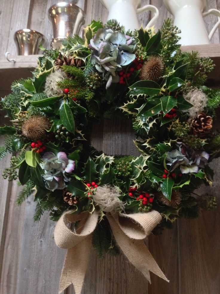 Christmas wreath complete with hydrangea heads and teasels
