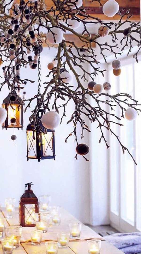 country christmas decorations branches lanterns