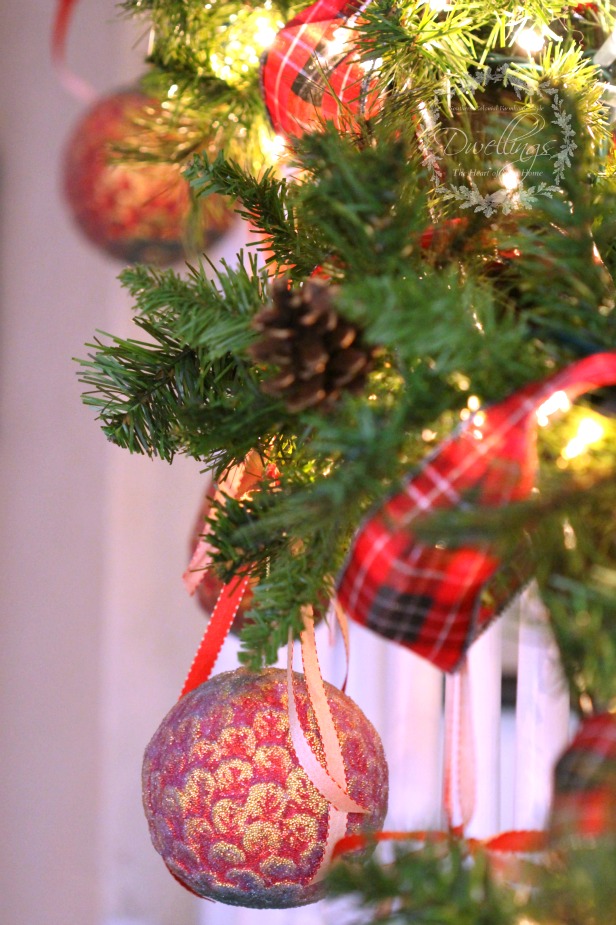 Plaid Christmas ribbon and ornaments