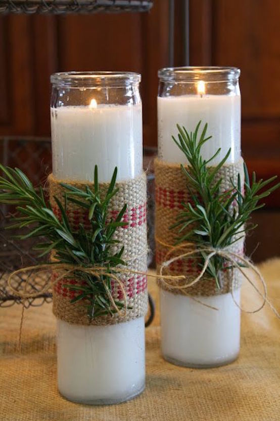 burlap with twine and rosemary